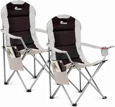 Padded Camping Chairs Set of 2 Deluxe Folding Chairs with Cup Holder and Side Pockets Holds up to 120kg Lightweight 3.3kg per Chair Black Grey
