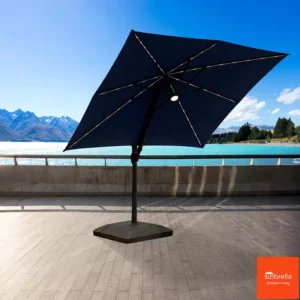 Solar LED Square Cantilever Umbrella Parasol with Base in Indigo (1)