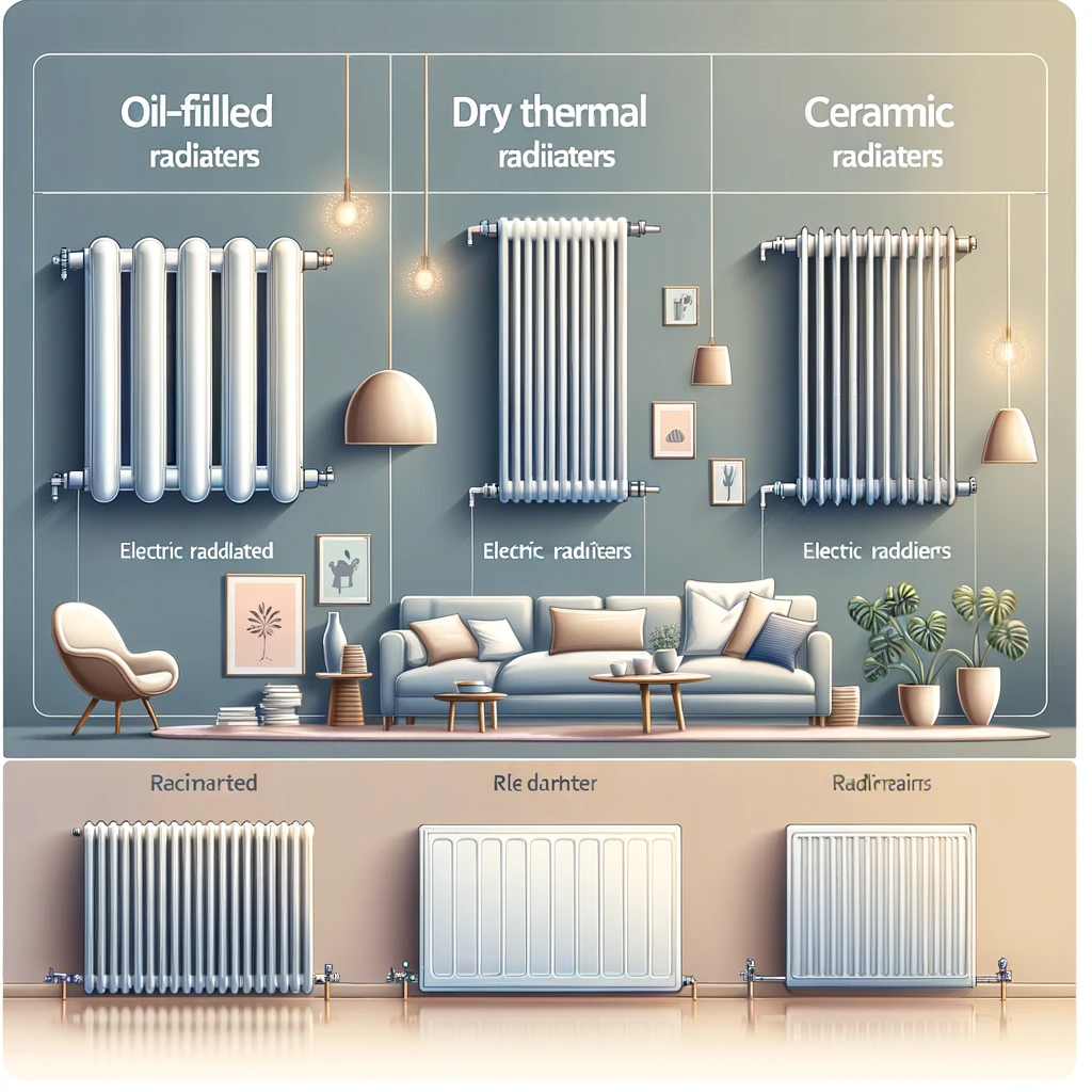 Are electric heaters safe A visual guide showing different types of electric radiators oil filled dry thermal and ceramic radiators. The image illustrates each type wit