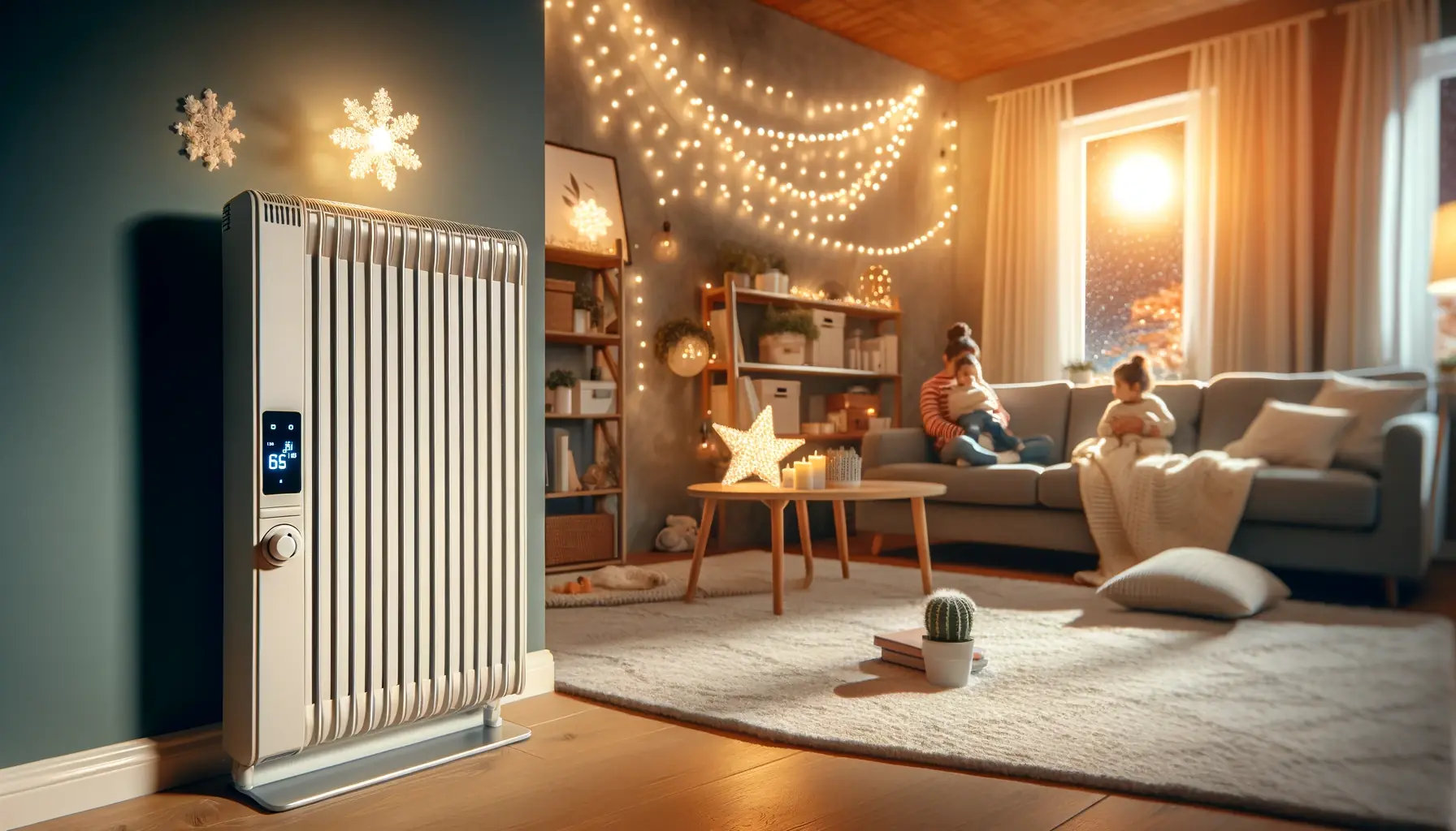 are electric radiators safe . A cozy living room in winter with an electric radiator providing warmth, showcasing its safety features and modern design. The room is well lit and co