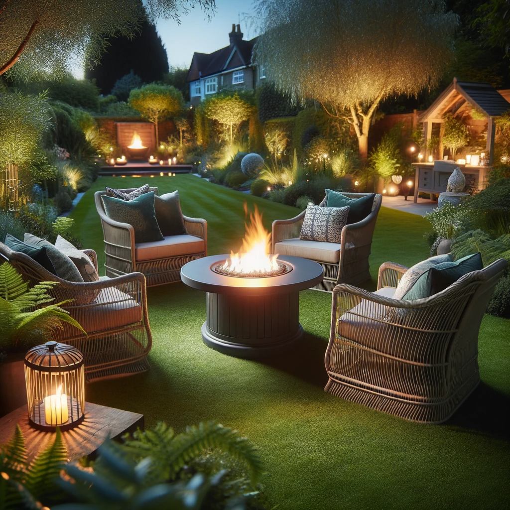 A cozy evening setting in a beautifully landscaped garden, showing a stylish garden furniture set centered around a softly glowing fire pit, capturing