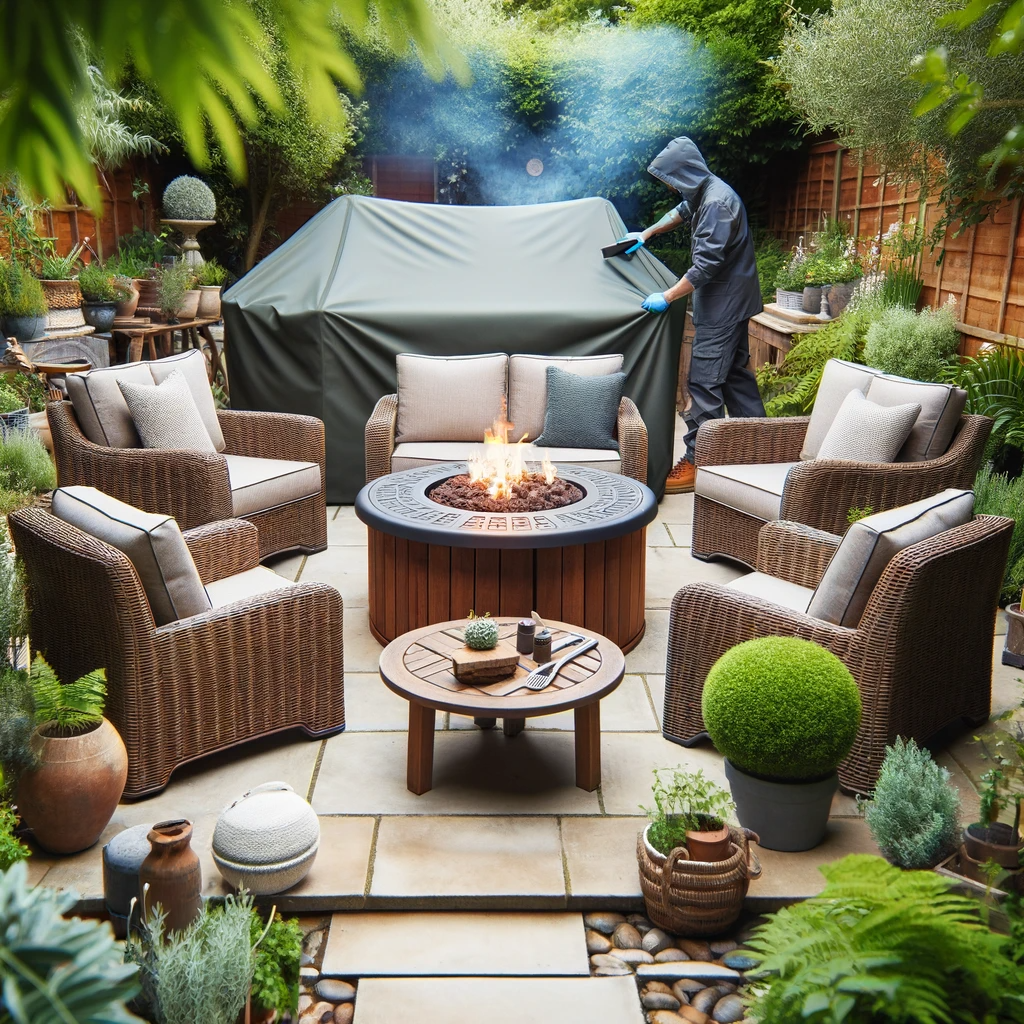A well maintained garden furniture setup with a fire pit showing someone performing maintenance tasks or the furniture being protected with covers